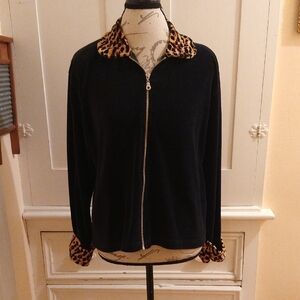 Jennifer Scott vintage black velour jacket w/ leopard accents Sz M